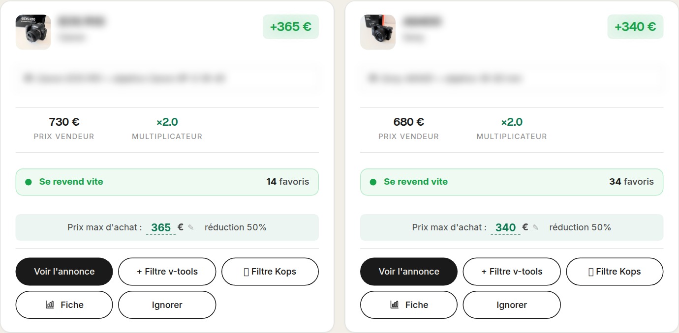 Articles d'un profil vendeur avec création de filtres v-tools et Kops en un clic