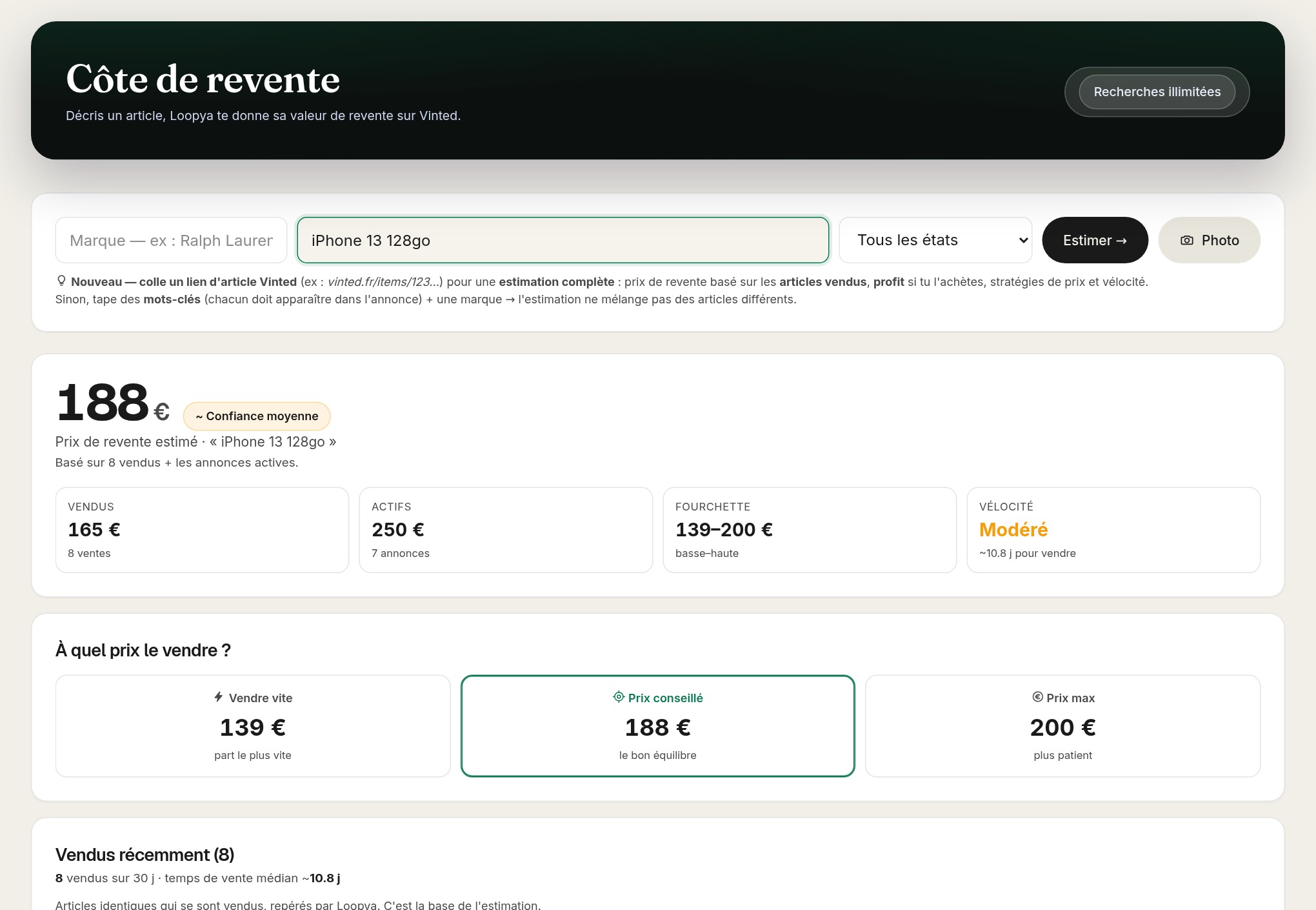 Côte de revente réelle Loopya avec prix médian, fourchette et confiance