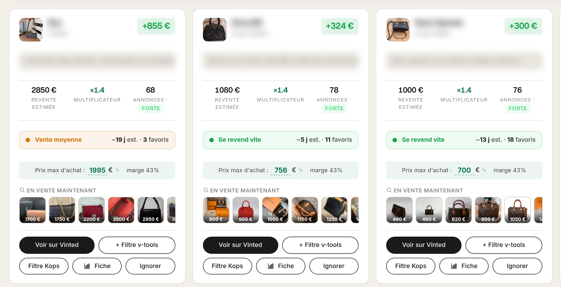 Résultats réels d'un scan Loopya, modèles masqués