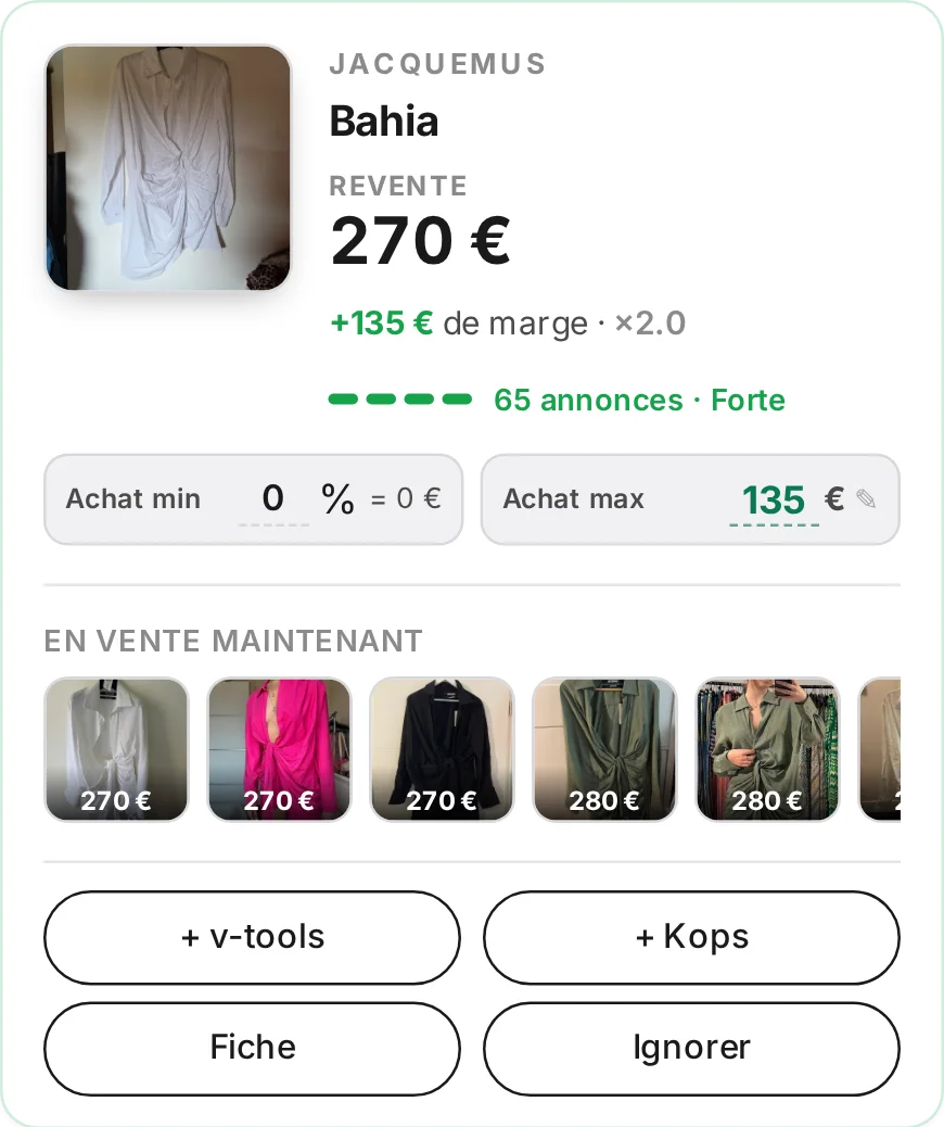 Résultats de scan Loopya : modèles rentables avec revente estimée, marge et prix max d'achat