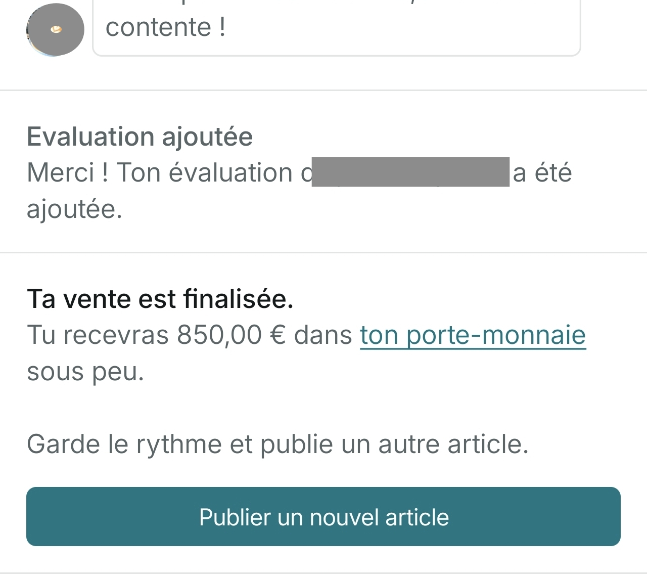 Vente finalisée à 850 € sur Vinted