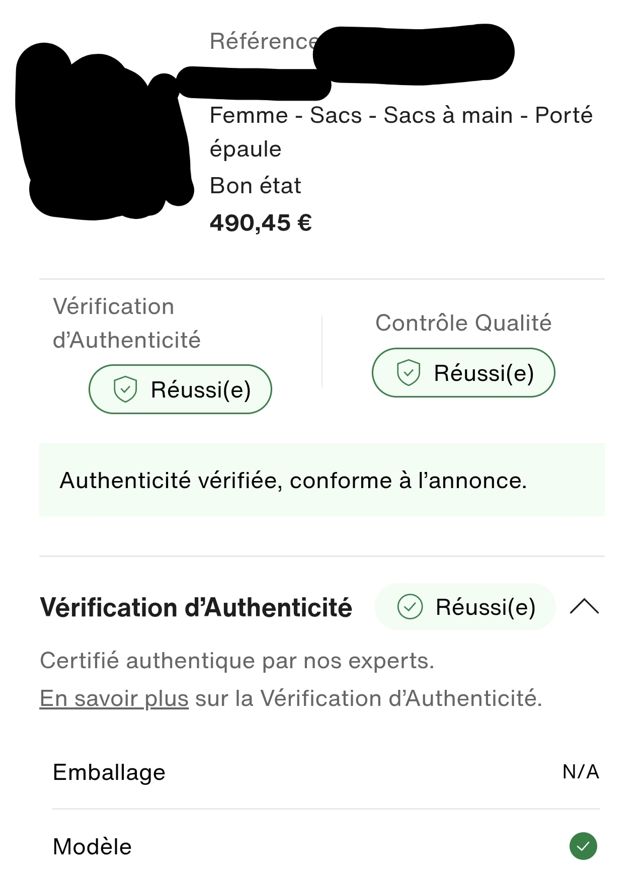 Vente authentifiée à 490 € sur Vestiaire Collective